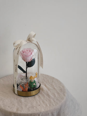 粉玫瑰在玻璃罩內,小王子和狐狸玩偶在底部。