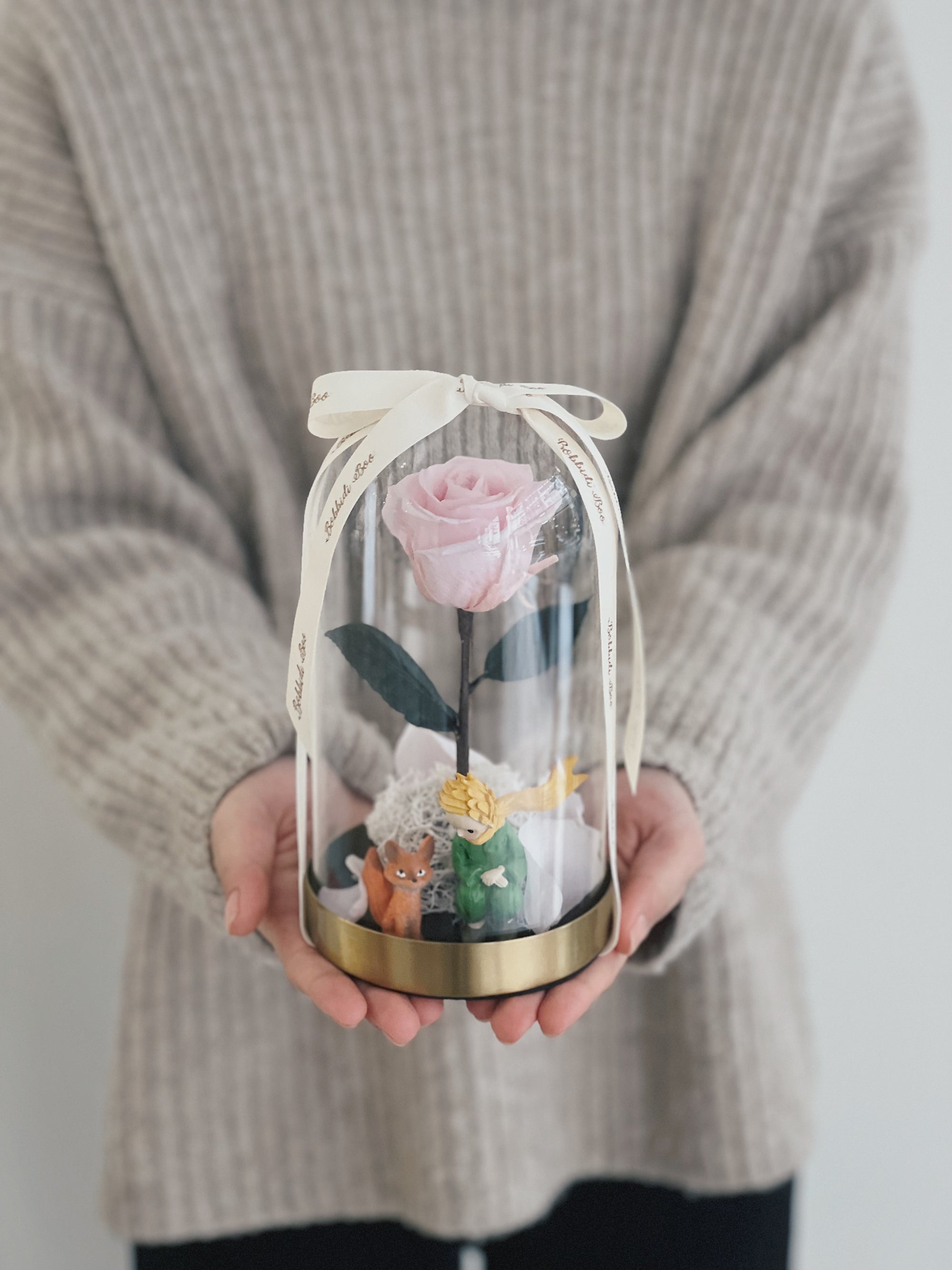 手捧玻璃罩,內含永生粉玫瑰與小王子模型。