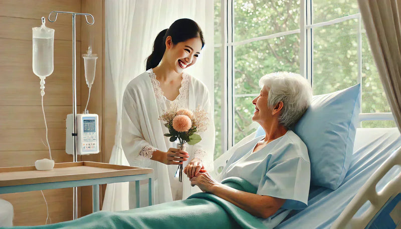 病房中一位女性送花給病床上的女生，給予慰問及祝福